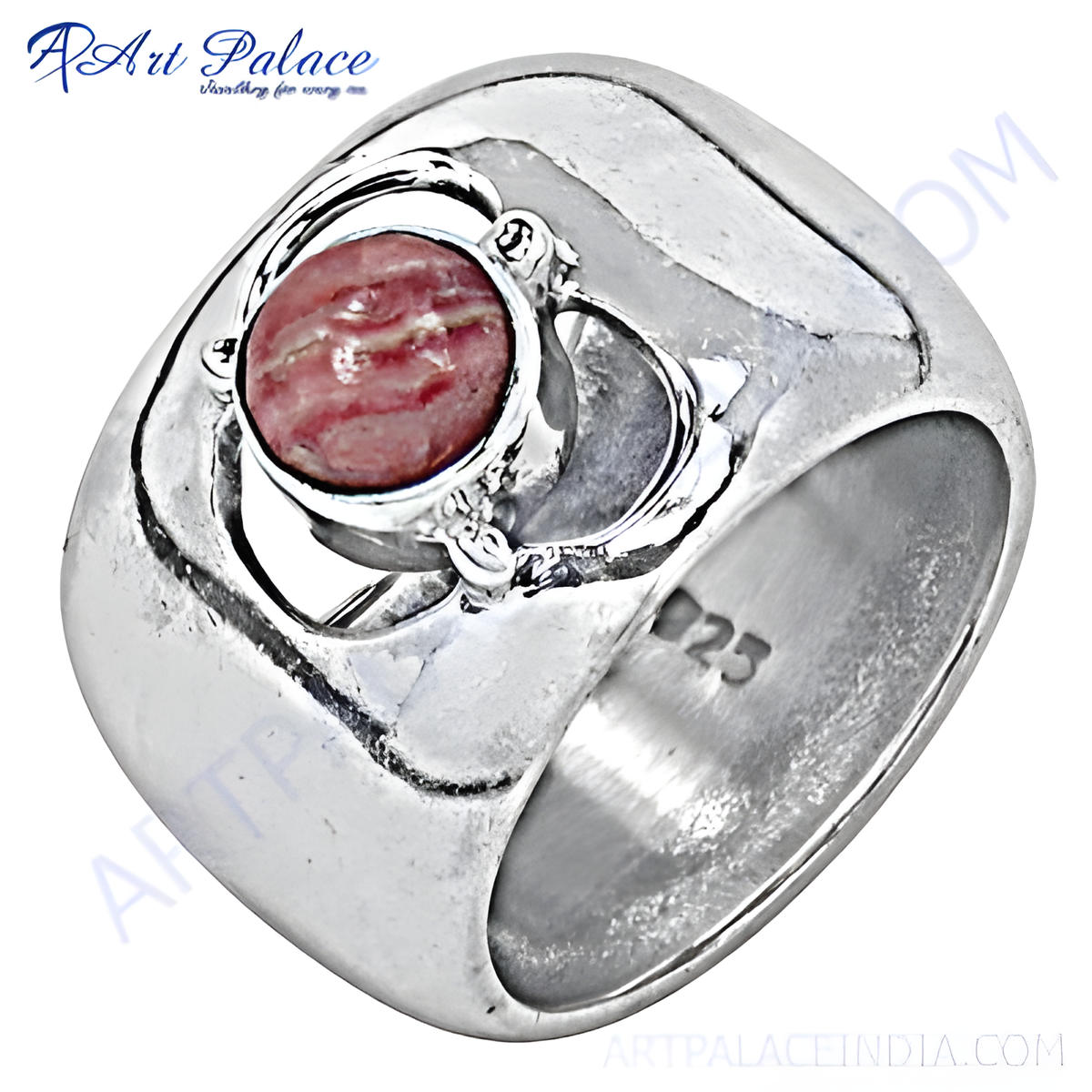 925 sterling silver ring with a round pink and red rhodochrosite gemstone