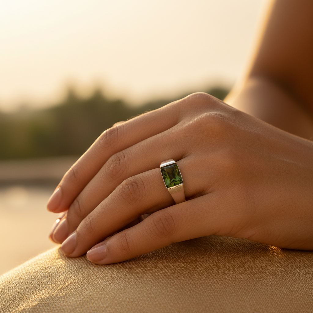Silver Ring with Green Gemstone | Men's Fashion Jewelry