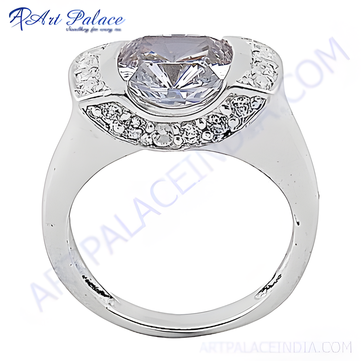 Elegant silver cocktail ring with a large, sparkling cubic zirconia center stone, set in a polished silver band
