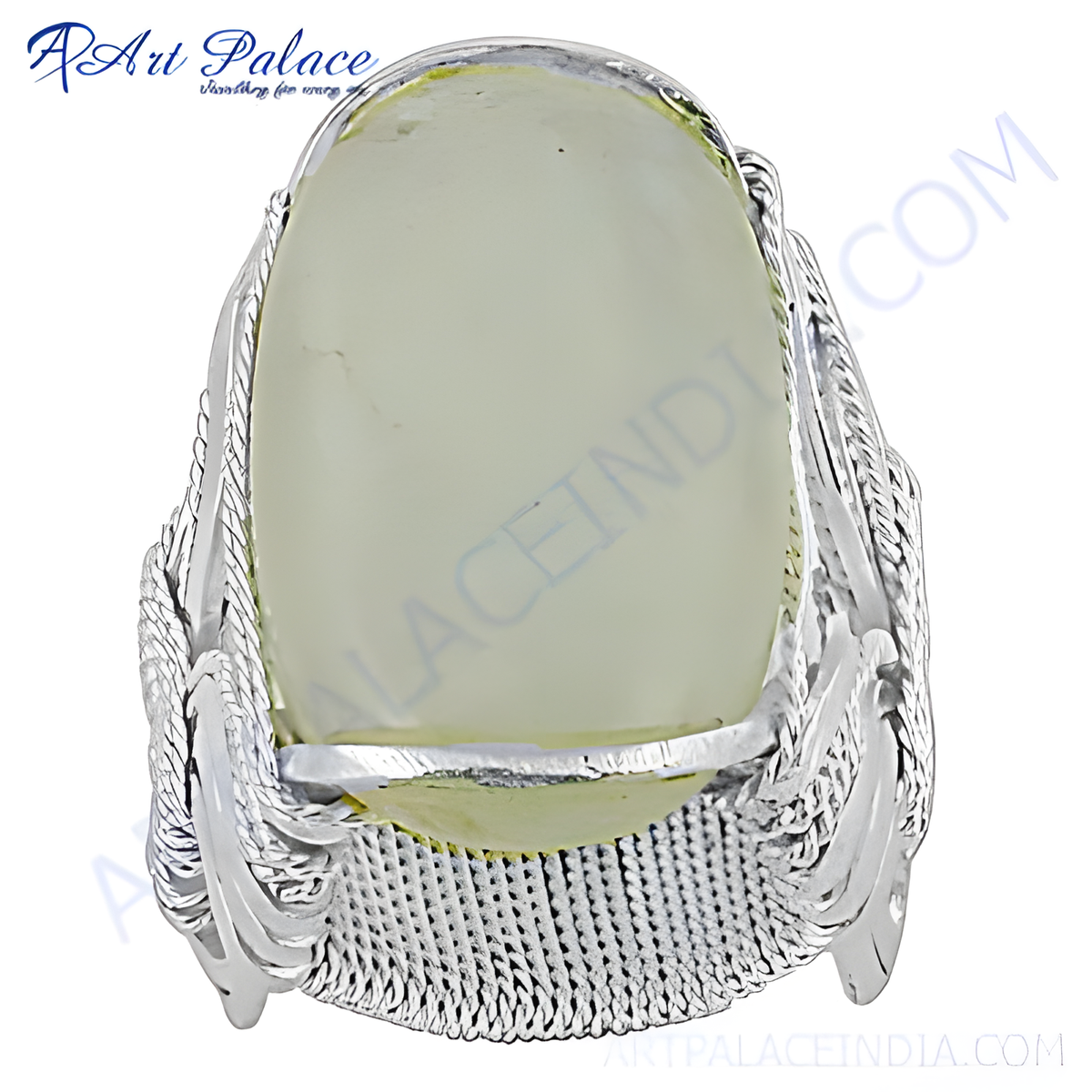 Sterling silver ring with a large, oval shaped pale green gemstone