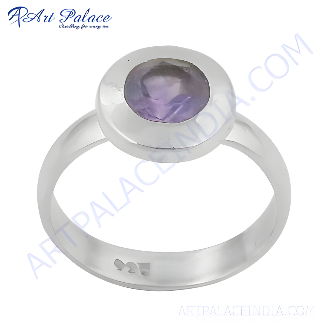 Sterling silver amethyst ring with a bezel-set purple gemstone, perfect for women