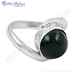 Load image into Gallery viewer, Sterling silver ring featuring a large, round, dark green gemstone. Modern design.
