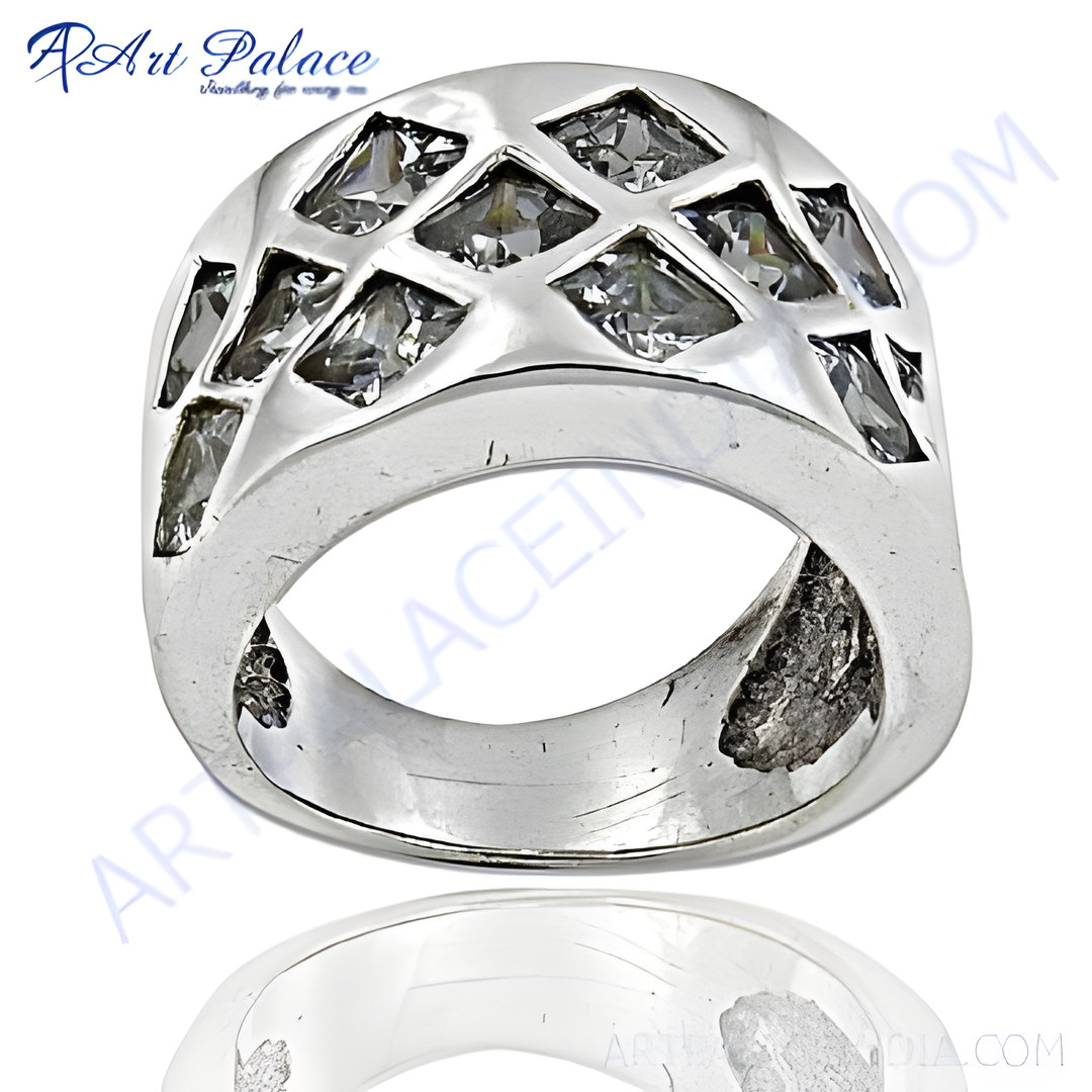 Sterling silver statement ring with square-cut clear cubic zirconia stones. A bold, elegant design.