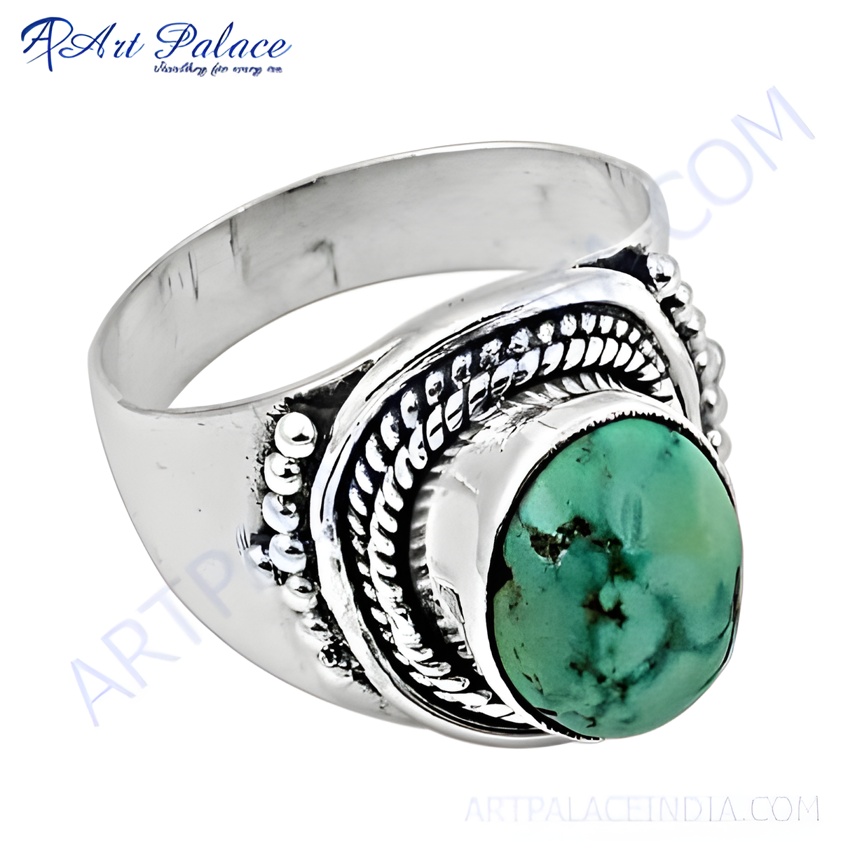 925 sterling silver turquoise ring with a round, vibrant green blue gemstone for women