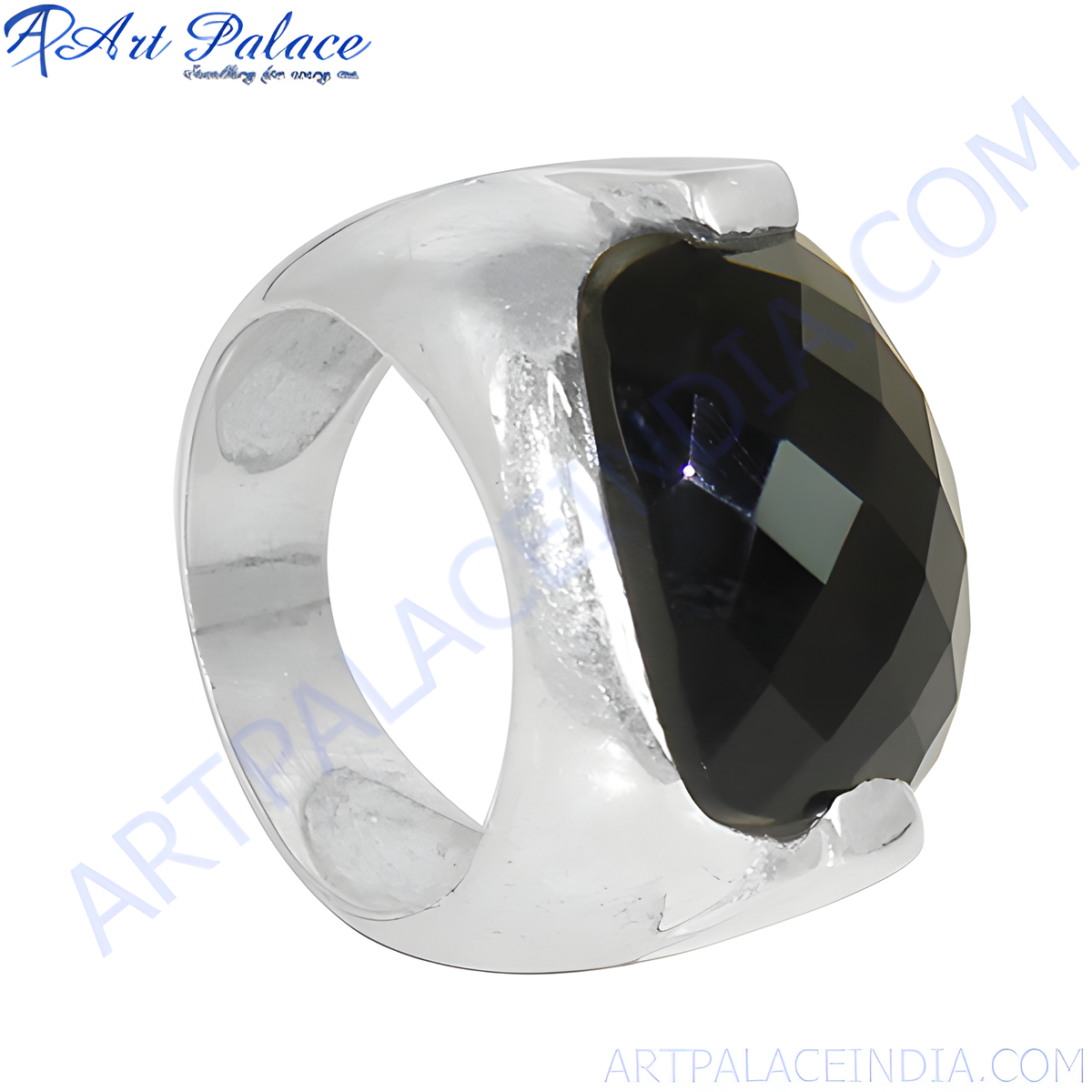 925 sterling silver signet ring with a large faceted black onyx gemstone