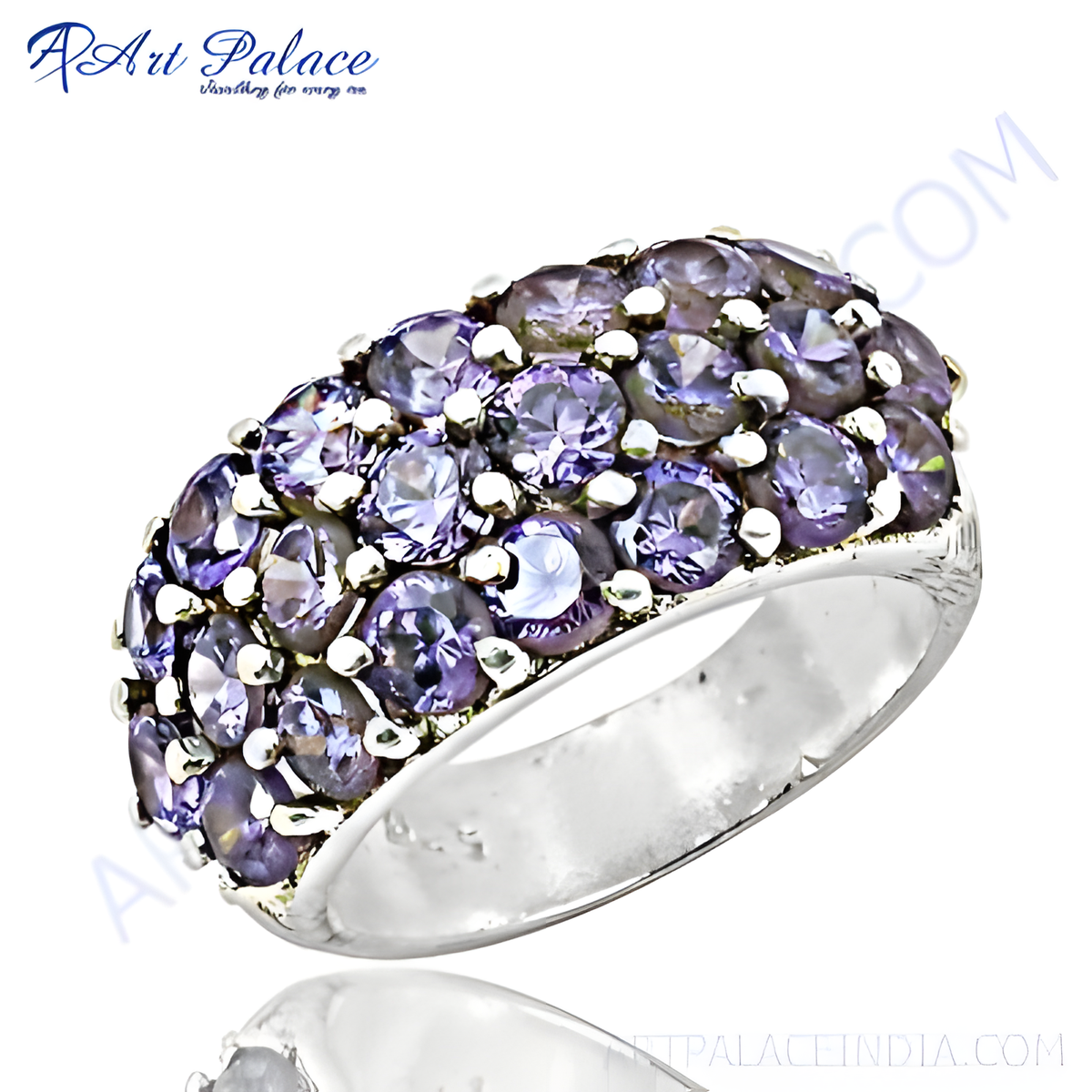 925 sterling silver ring featuring multiple round cut purple gemstones