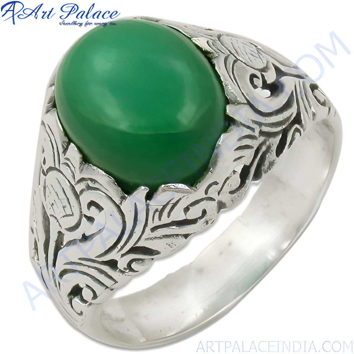 Sterling silver ring with a large oval green gemstone, intricate details on the band, perfect for men's fashion