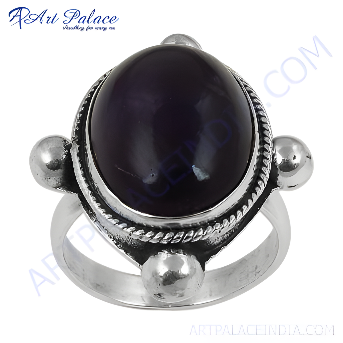 925 silver ring with a large oval cut dark purple amethyst gemstone