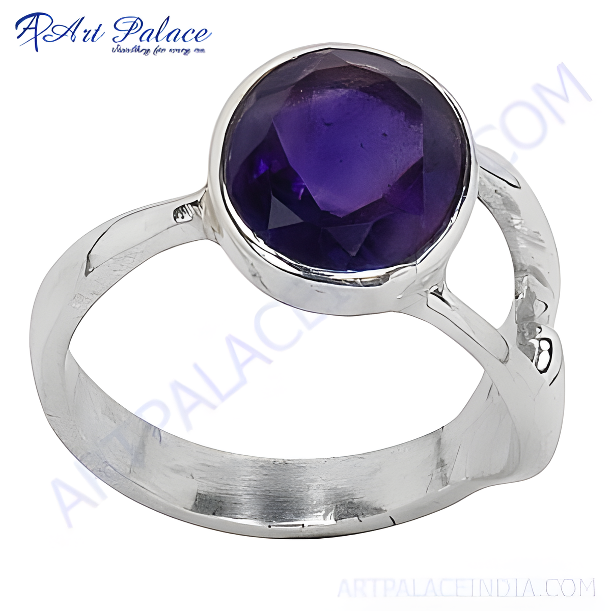 925 sterling silver ring with a large, round purple amethyst gemstone