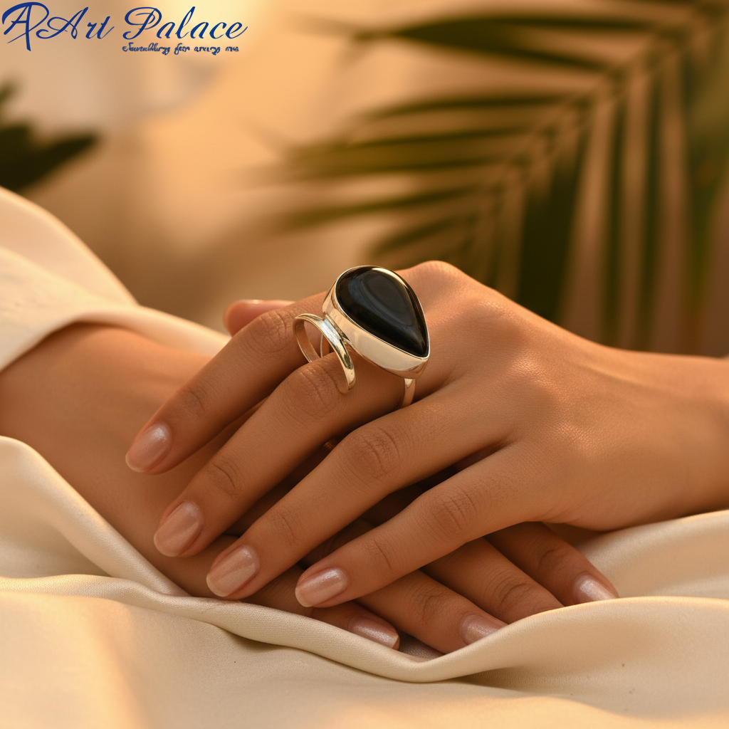 Anillo de malaquita de plata para mujer | Anillo con gema en forma de lágrima