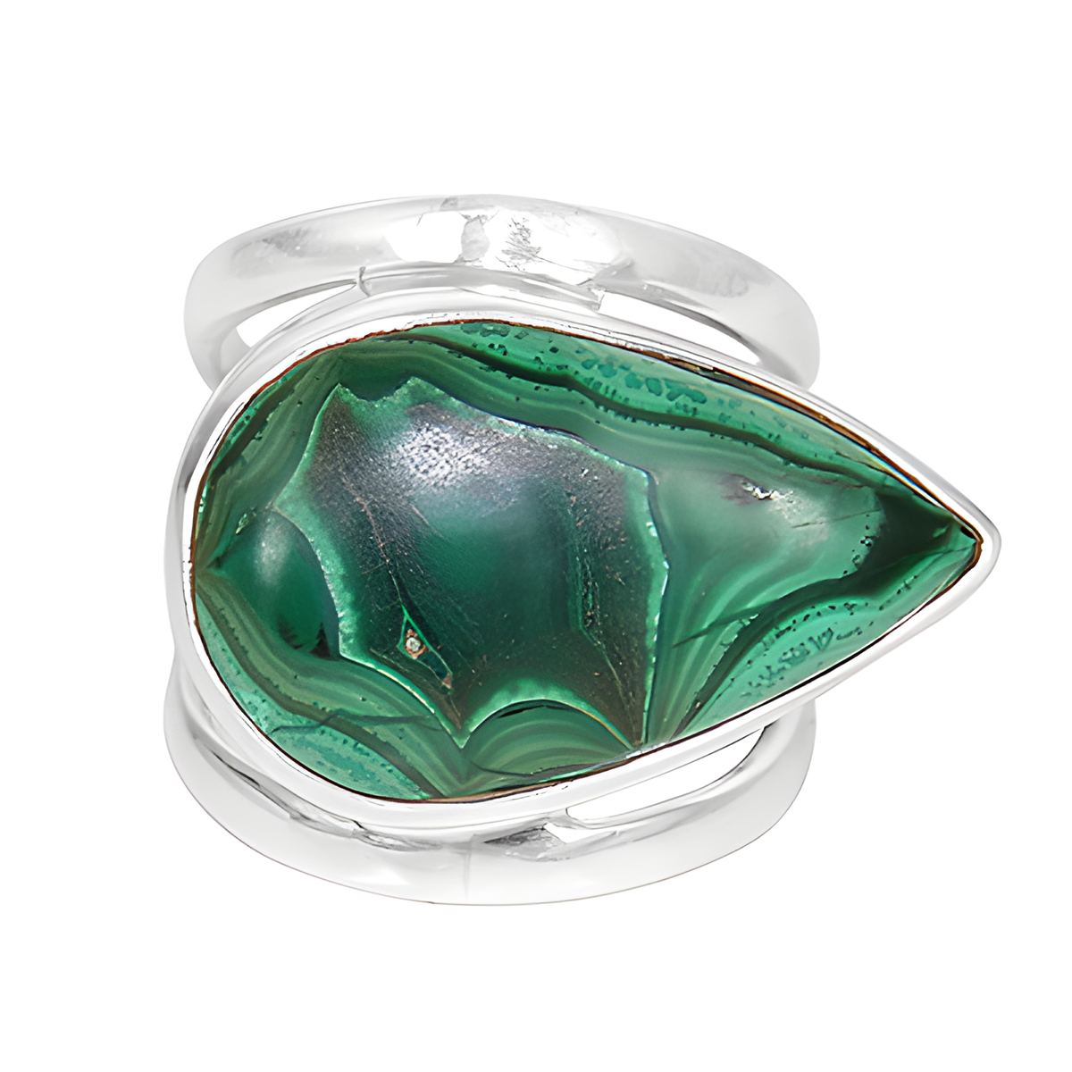 Sterling silver teardrop ring with a vibrant green malachite gemstone