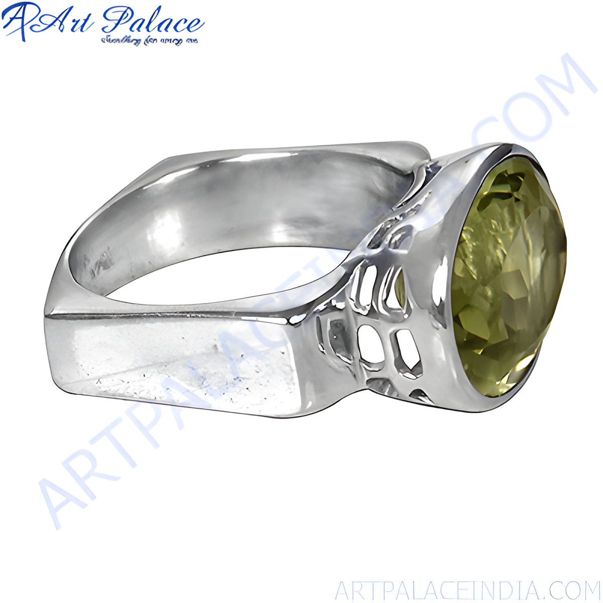 Sterling silver statement ring with a large, faceted yellow citrine gemstone, showcasing its color and brilliance