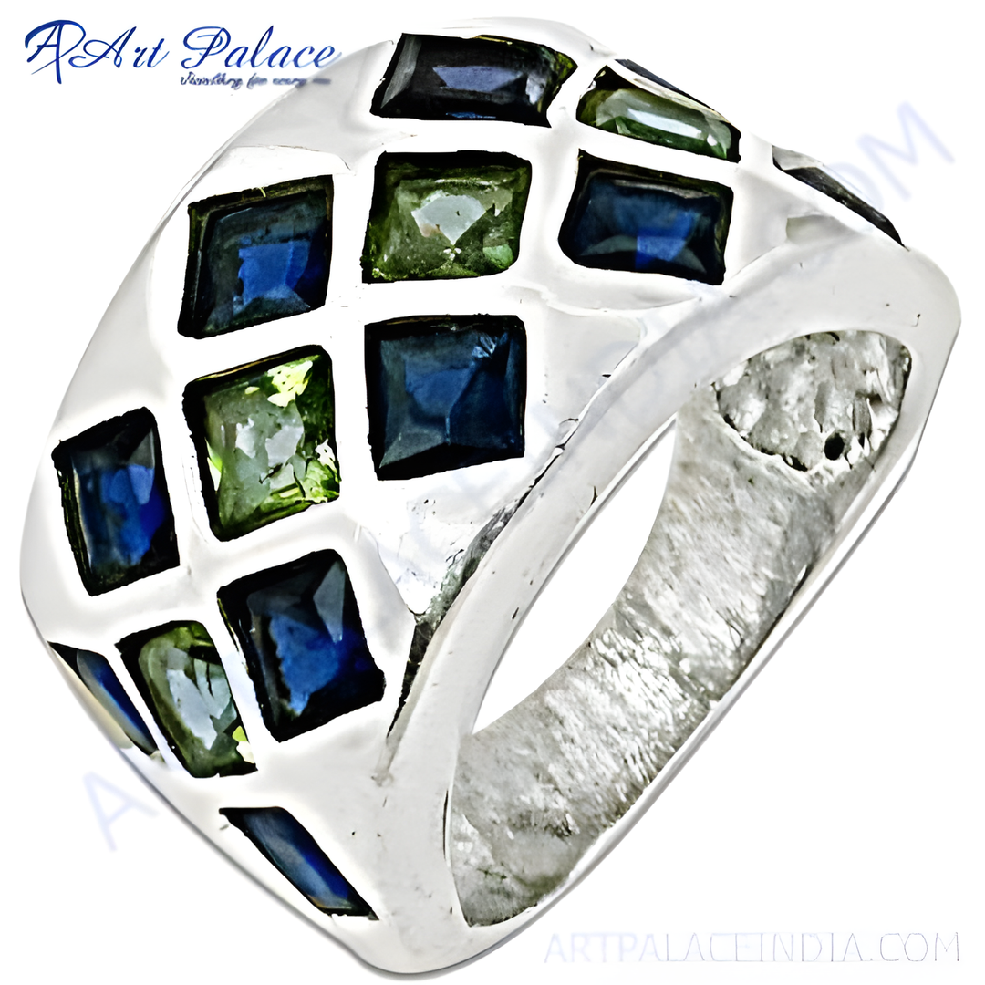 925 sterling silver ring with a mosaic of blue and green gemstones, statement jewelry for women