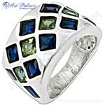 Load image into Gallery viewer, 925 sterling silver ring with a mosaic of blue and green gemstones, statement jewelry for women
