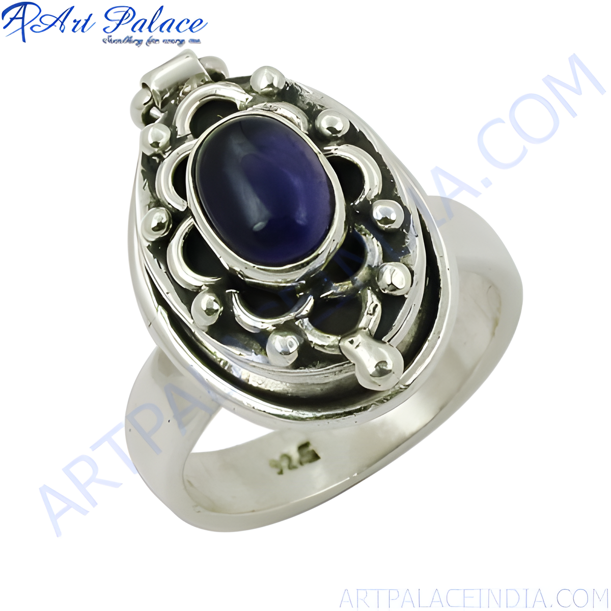 925 sterling silver oval gemstone ring with intricate detailing and blue stone