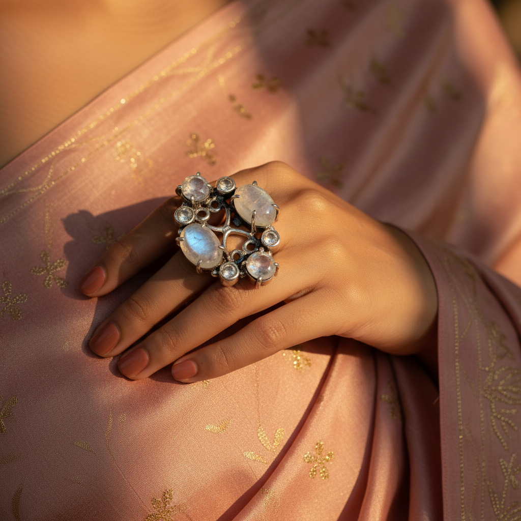 925 Silver Moonstone Cluster Ring for Women | Gemstone Jewelry