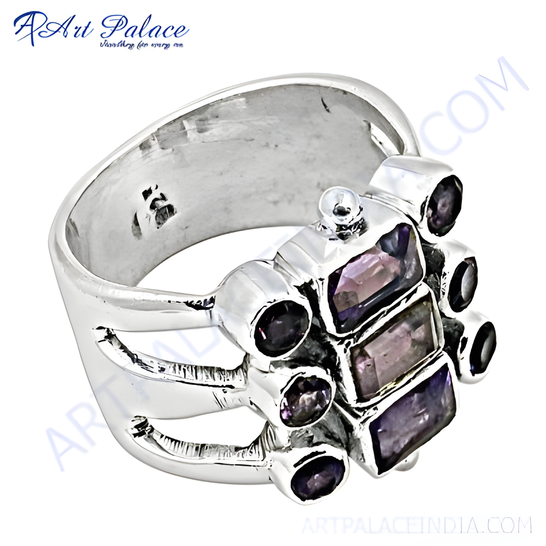 925 sterling silver amethyst ring with multiple purple gemstones in a unique design.