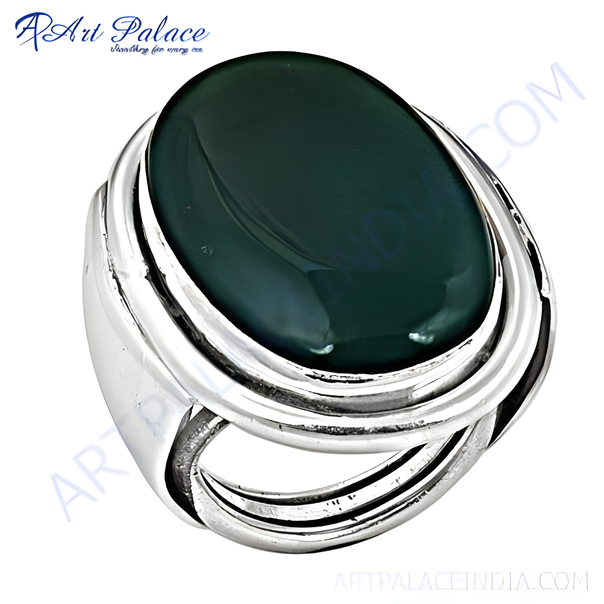 Sterling silver ring with a large oval cut green onyx gemstone, polished and elegant design