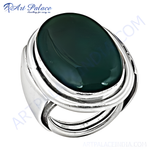 Load image into Gallery viewer, Sterling silver ring with a large oval-cut green onyx gemstone, polished and elegant design.
