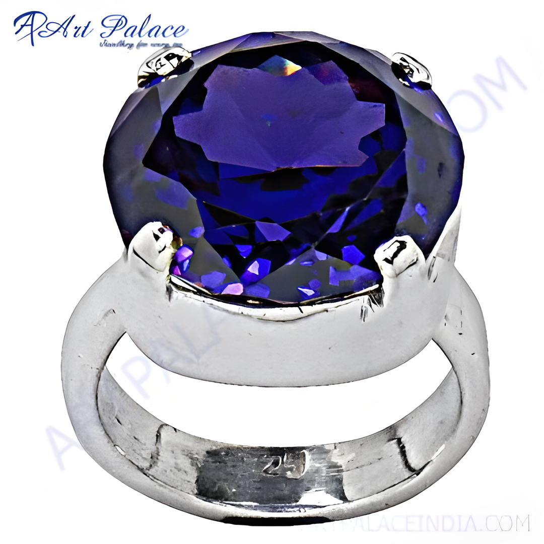 925 sterling silver statement ring with a large, faceted blue gemstone, perfect for women's fashion.