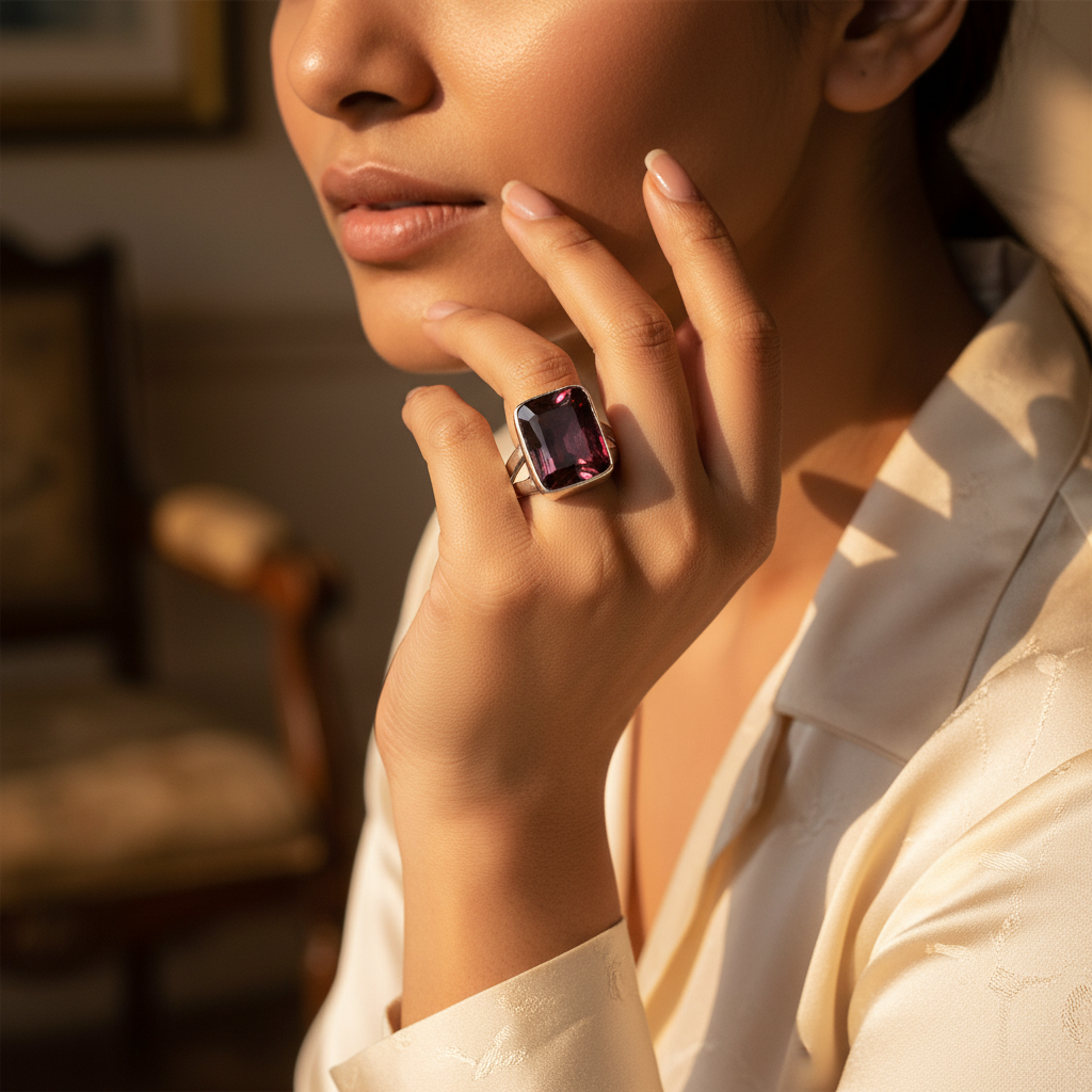925 silver garnet ring for women | rectangle gemstone ring