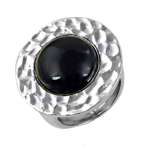 Silver Hammered Ring with Black Gemstone | Women's Ring