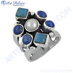 将图像加载到图库查看器中， Sterling silver statement ring with turquoise, lapis lazuli, and pearl gemstones, elegant jewelry for women.
