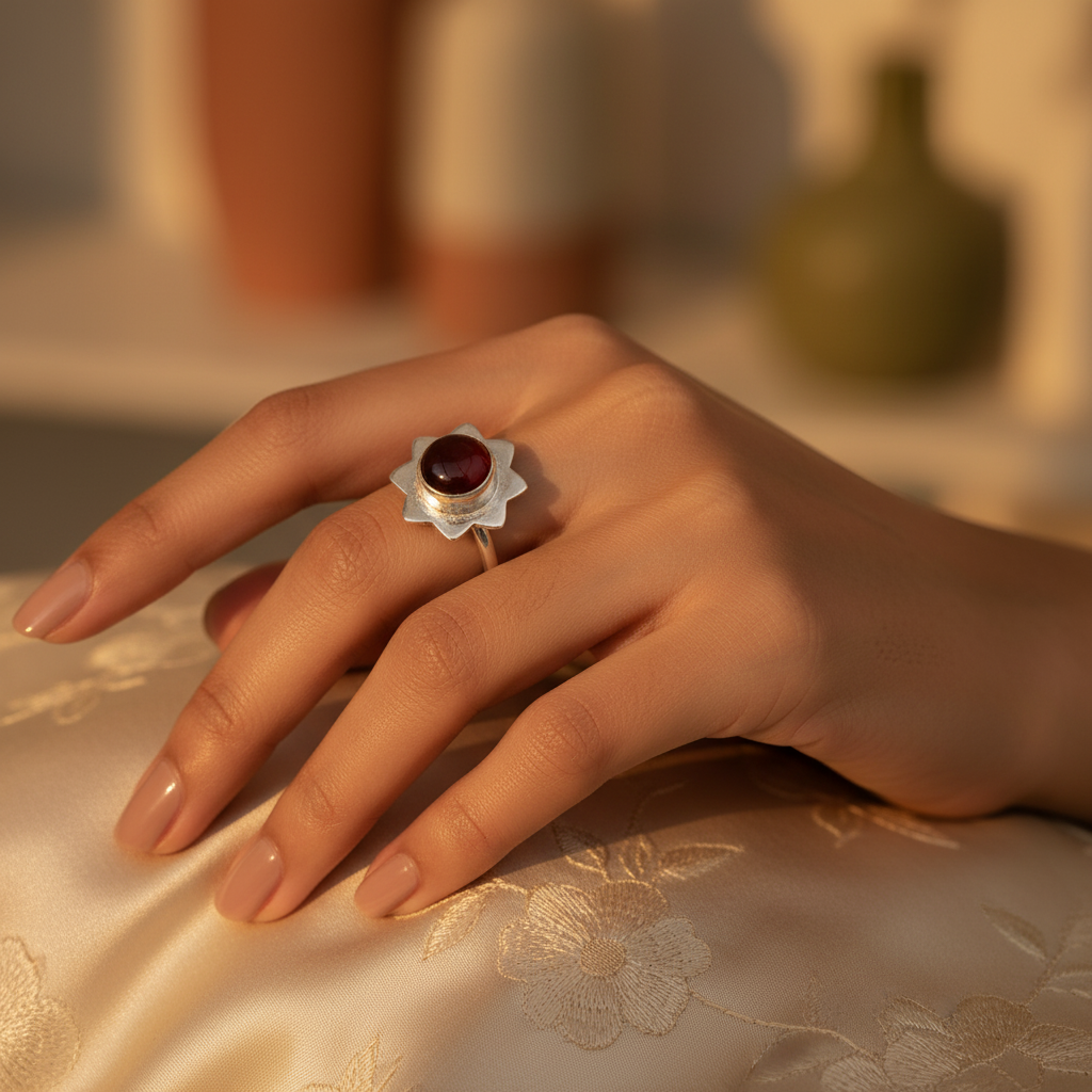 925 Silver Garnet Flower Ring for Women | Gemstone Jewelry