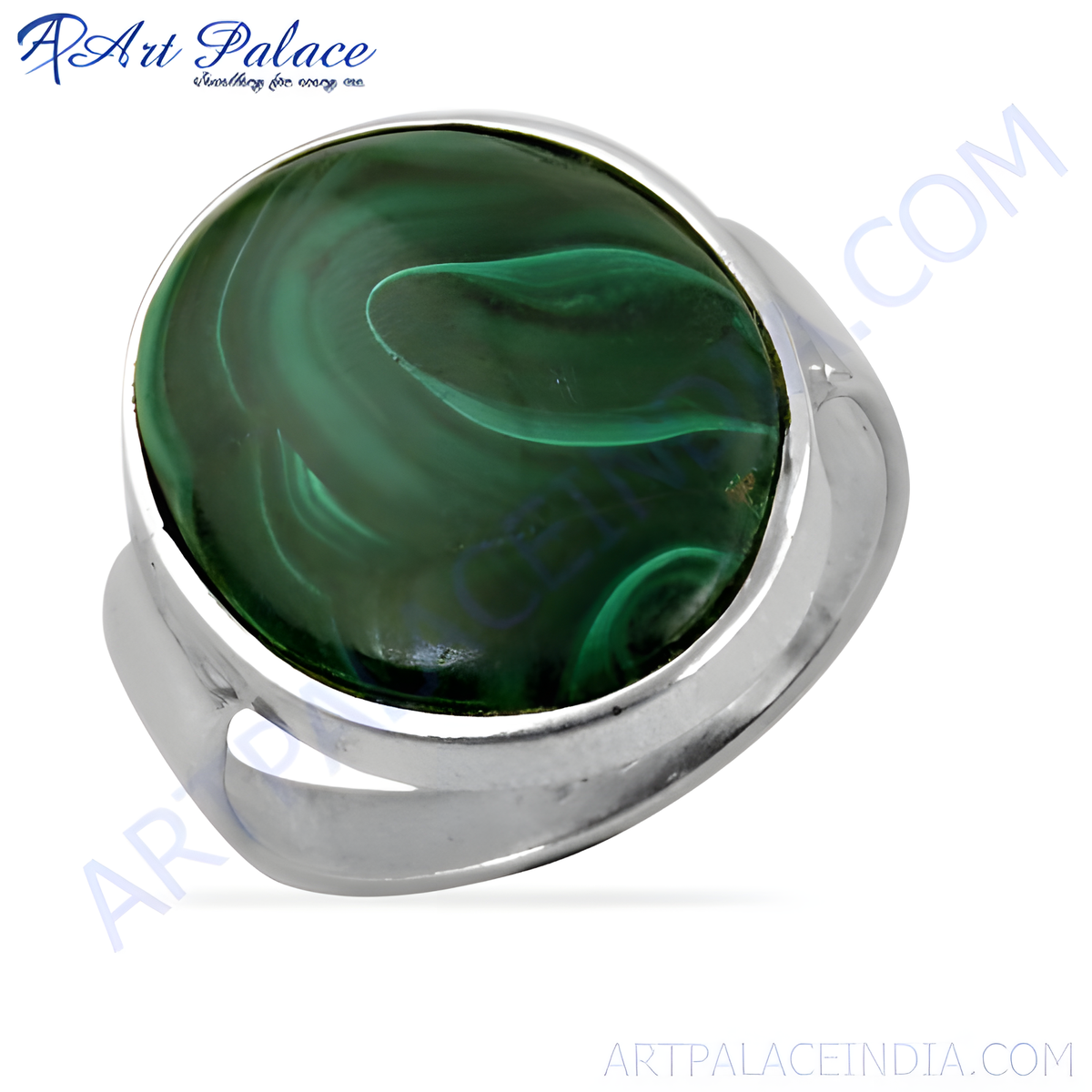 Sterling silver ring with a large oval shaped malachite gemstone, featuring natural green patterns
