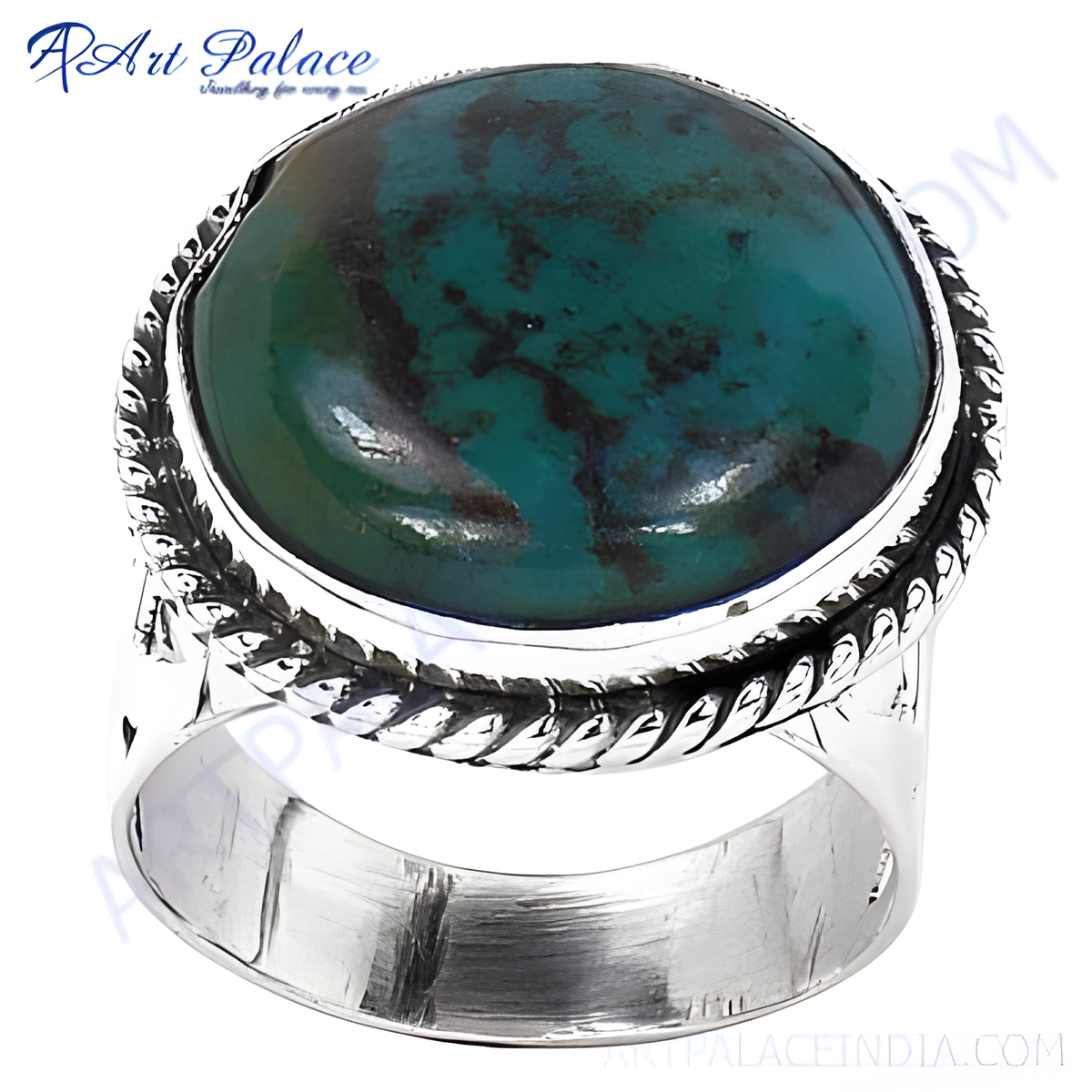 Sterling silver ring with a large, oval shaped turquoise gemstone, set in a textured band