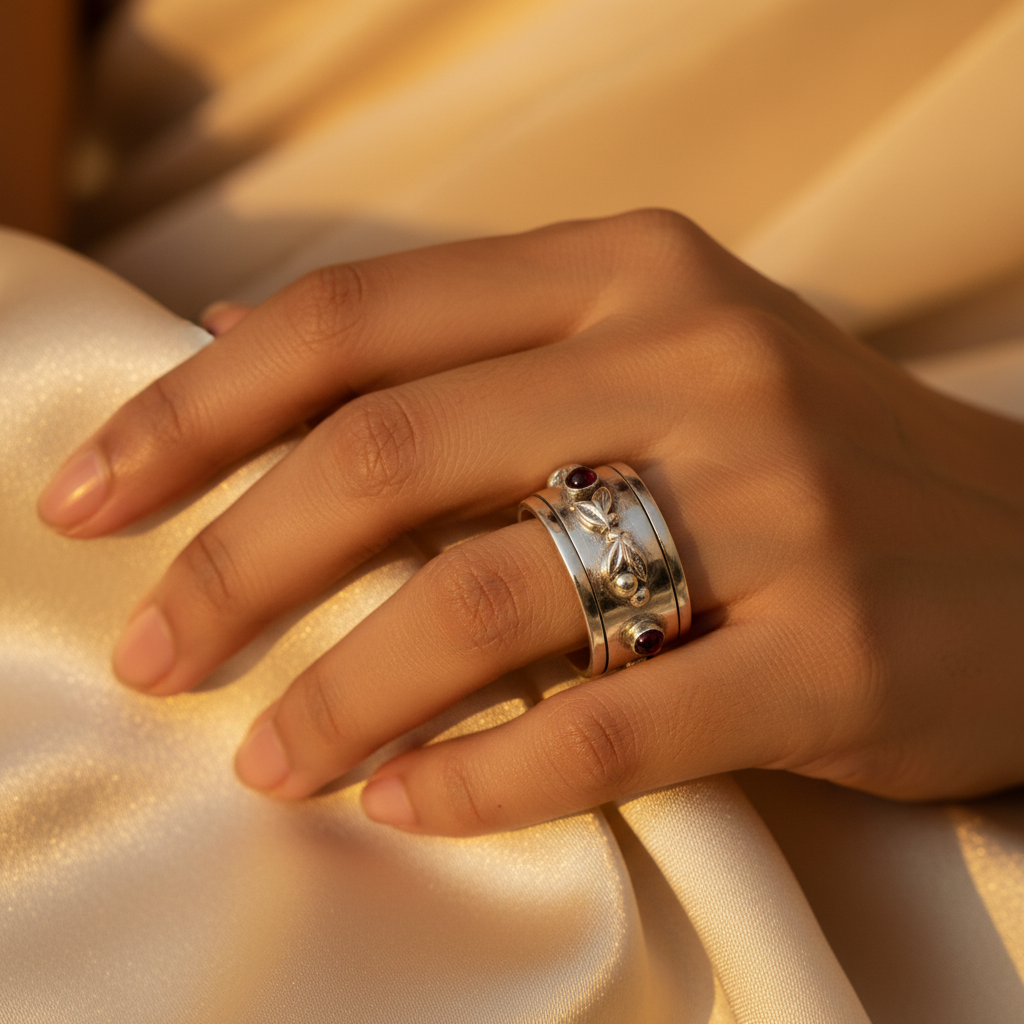 925 silver garnet spinner ring | women's daily wear jewelry