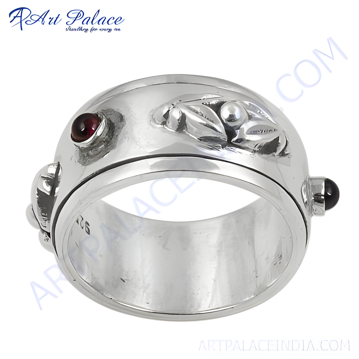 925 sterling silver spinner ring with garnet gemstones