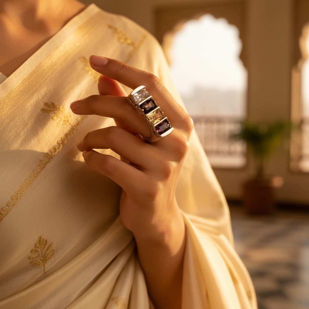 Silver Multi-Gemstone Ring for Women | Statement Ring