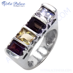 Load image into Gallery viewer, Sterling silver ring featuring multiple colorful gemstones in a row, ideal as statement jewelry.
