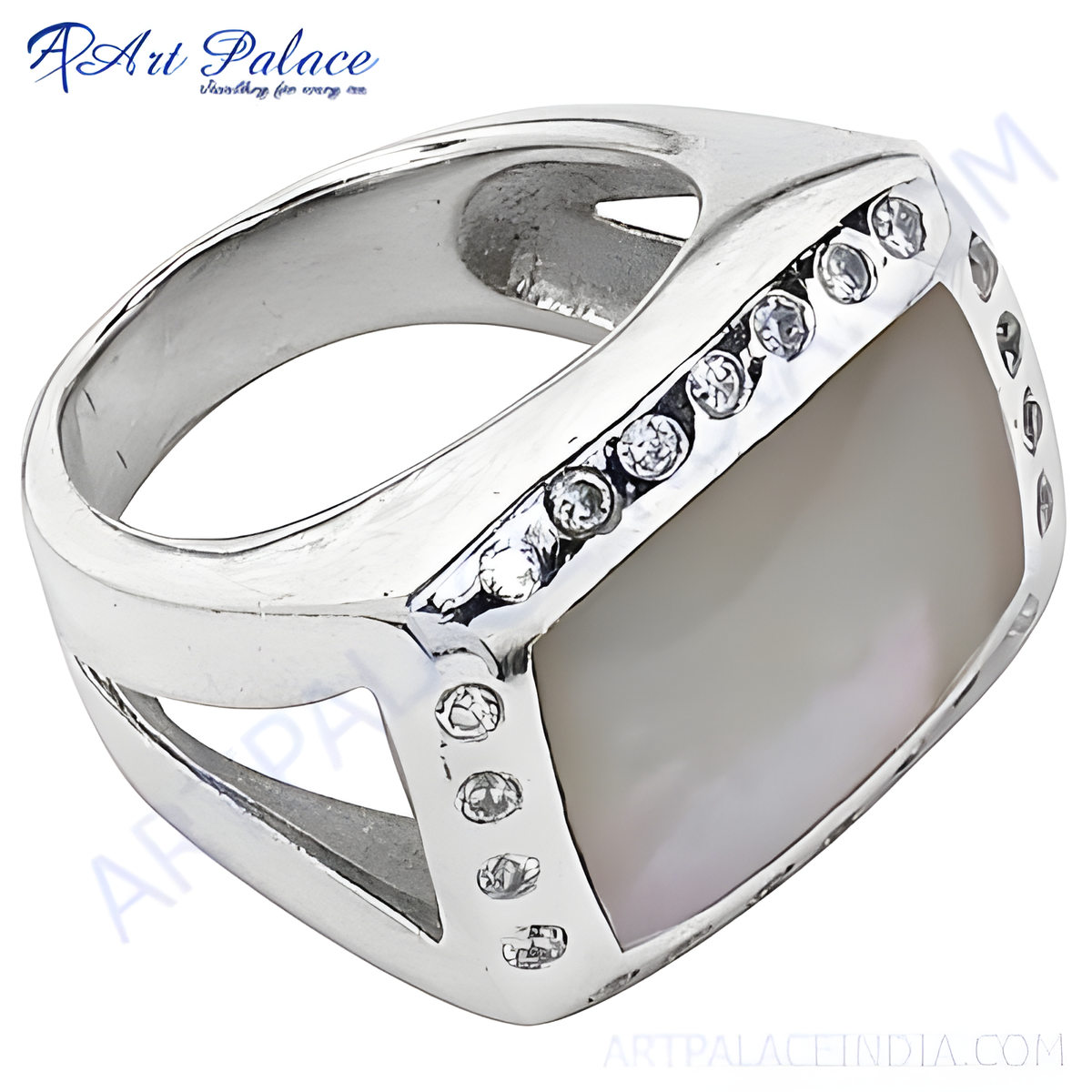 Silver ring with mother of pearl center stone and cz accents