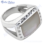 Load image into Gallery viewer, Silver ring with mother of pearl center stone and CZ accents
