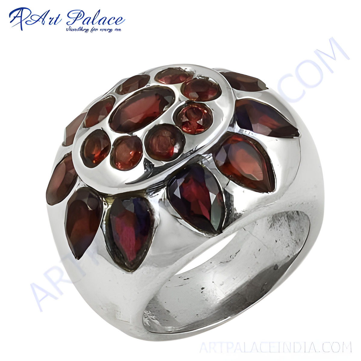 Sterling silver ring with a cluster of vibrant red garnet gemstones