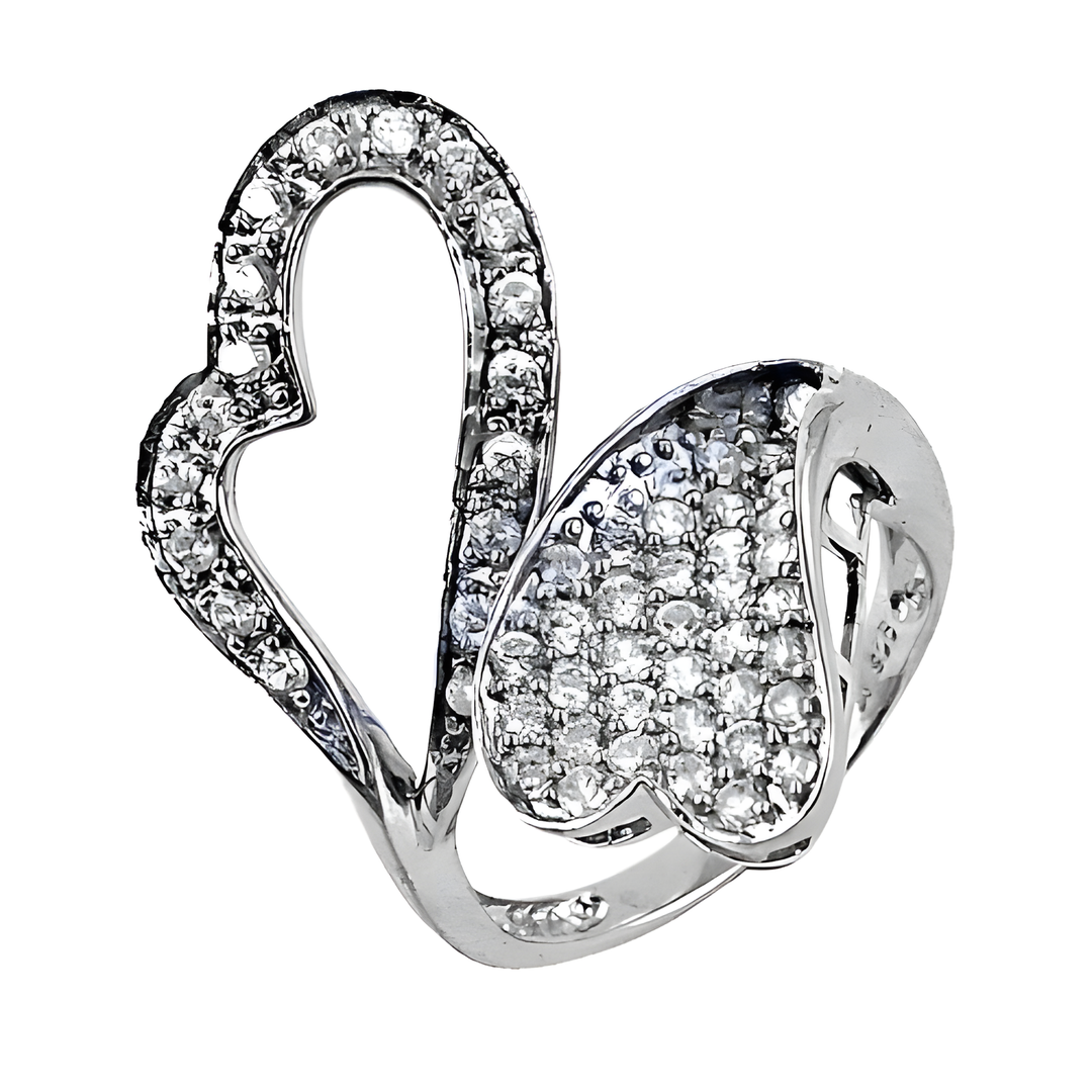 Sterling silver ring with a heart-shaped design and sparkling diamonds.