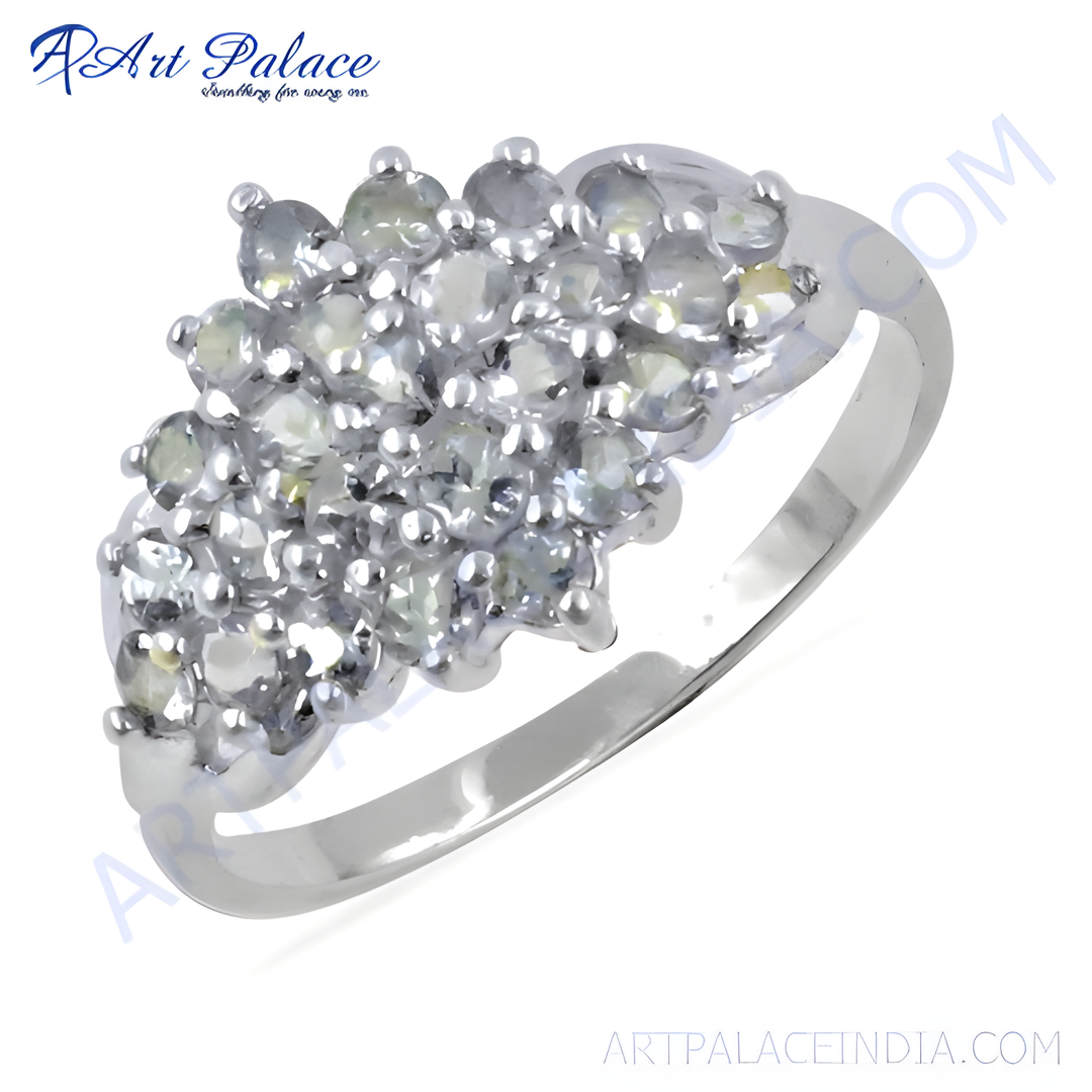Silver ring with a cluster of round, light-colored gemstones for women.