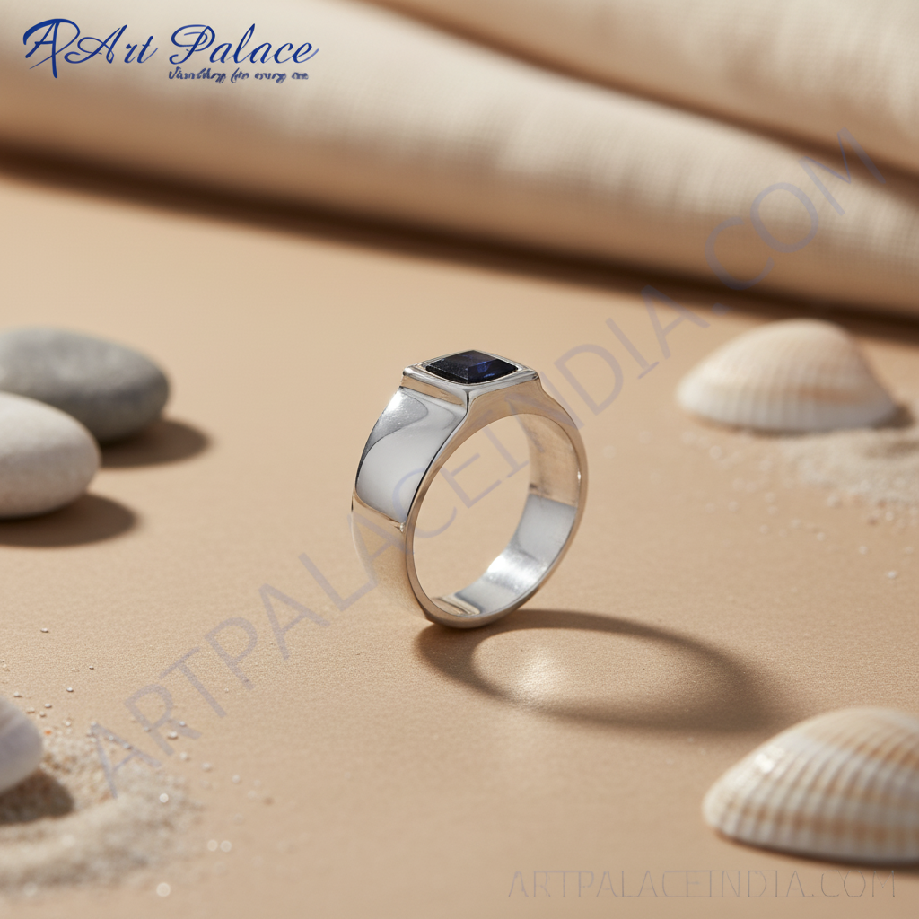 Silver Ring with Square Cut Sapphire | Men's Ring