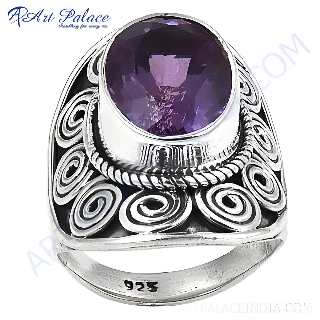 925 sterling silver amethyst ring with purple gemstone in a detailed setting.