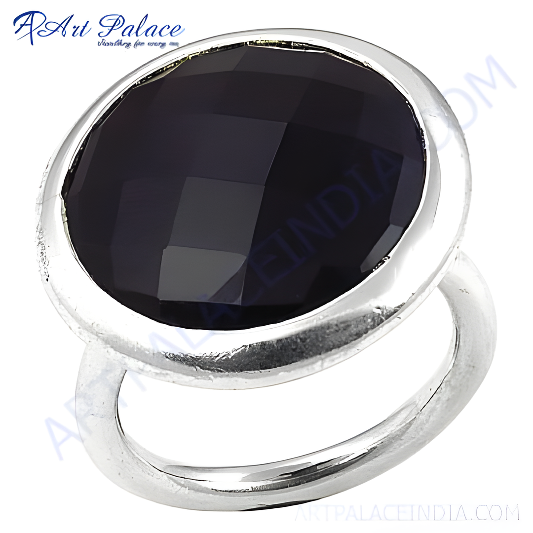 925 sterling silver ring with a large, faceted black onyx gemstone.