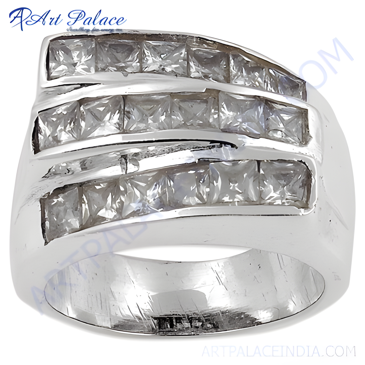 Silver statement ring with multiple rows of square cut, clear cubic zirconia stones