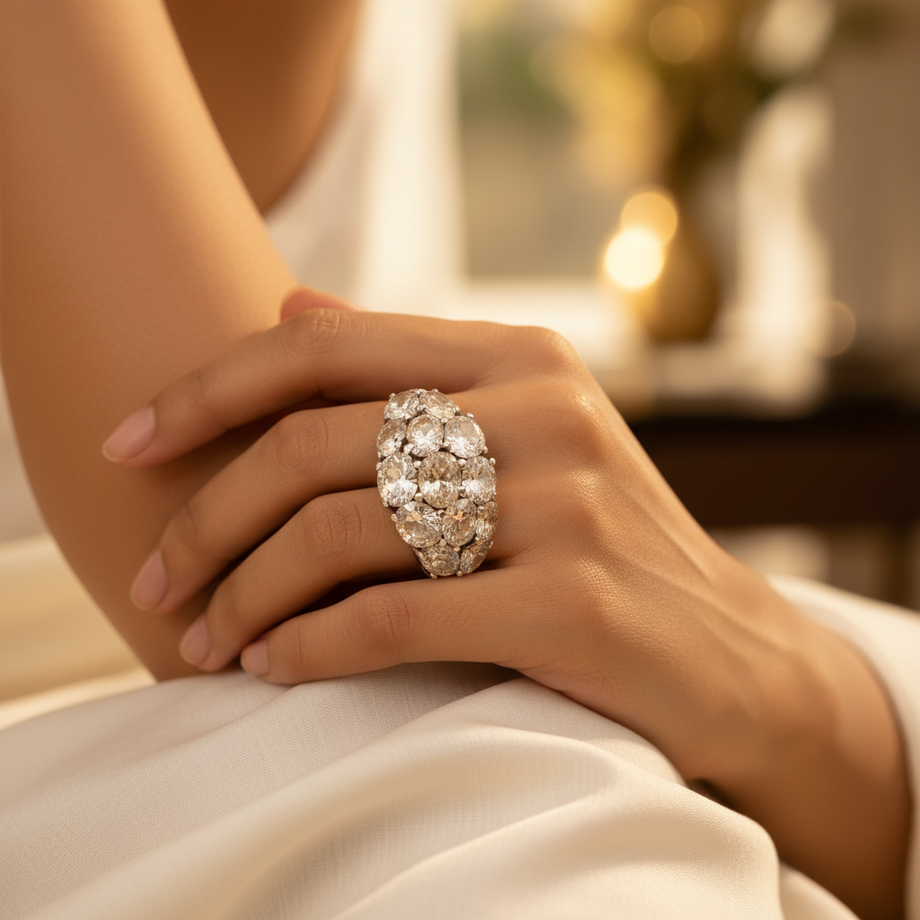 Silver Ring with Champagne Color Gemstones | Women's Ring