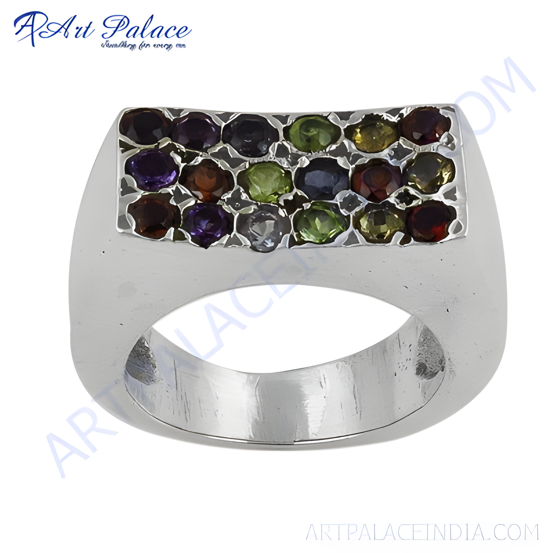 Sterling silver ring with a rectangular cluster of colorful gemstones. Features amethyst, garnet, peridot, and other stones.