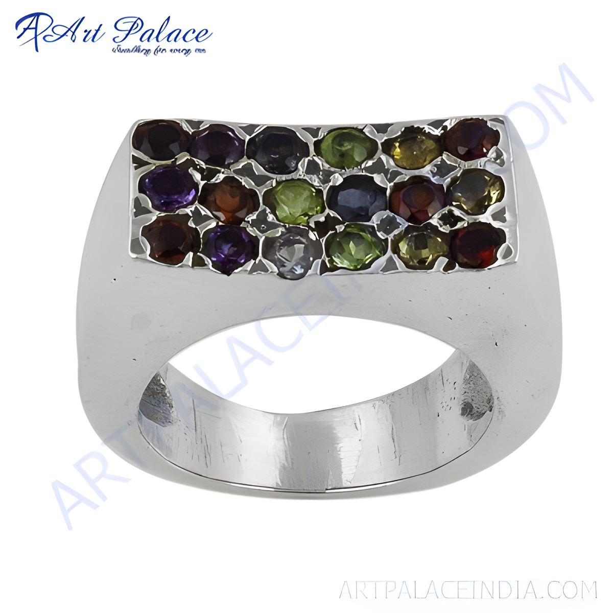Sterling silver ring with a rectangular cluster of colorful gemstones