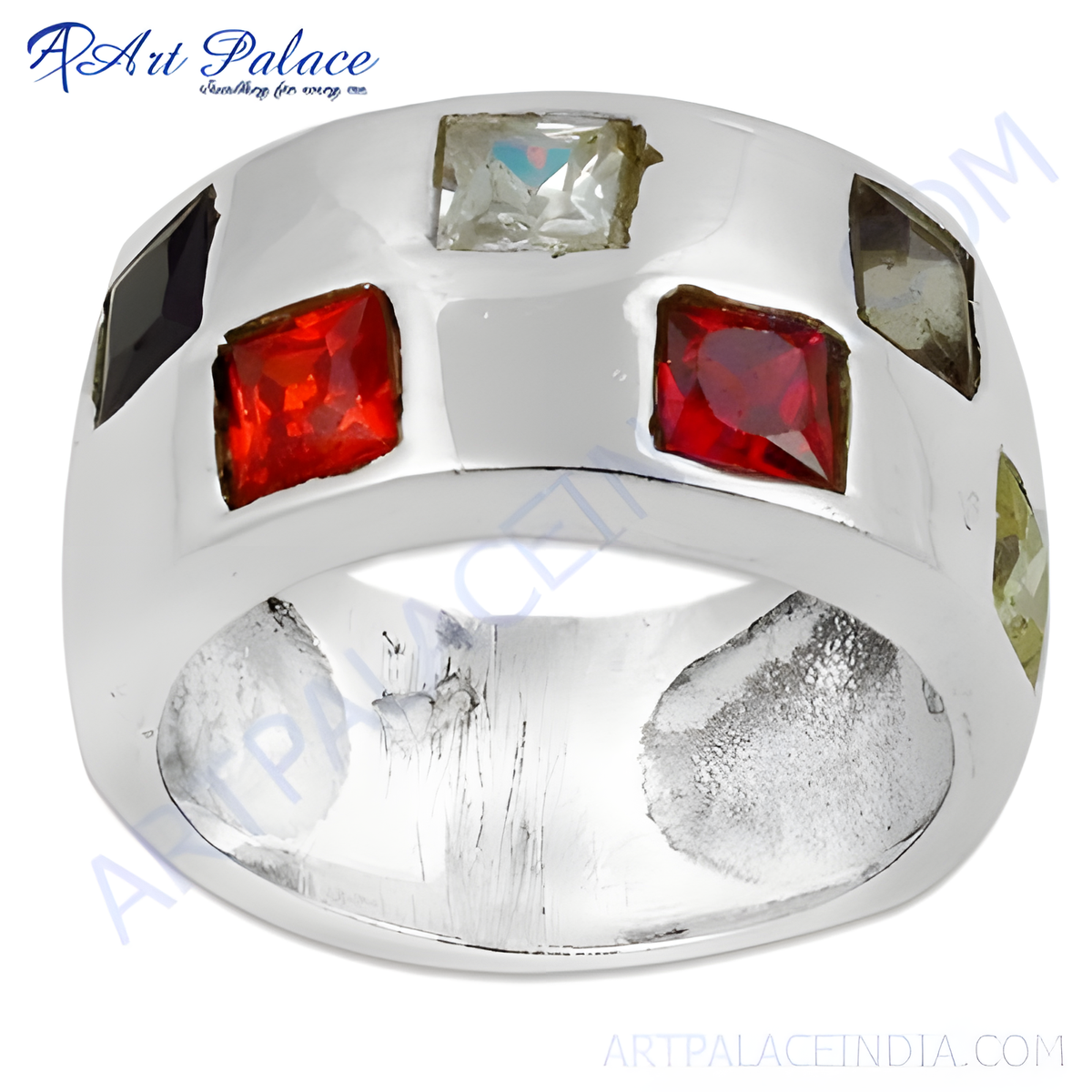 Silver ring with multiple square cut gemstones in various colors, a statement piece of jewelry