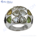 Load image into Gallery viewer, Silver gemstone ring featuring a unique design with colorful trillion cut stones set in a polished silver band.
