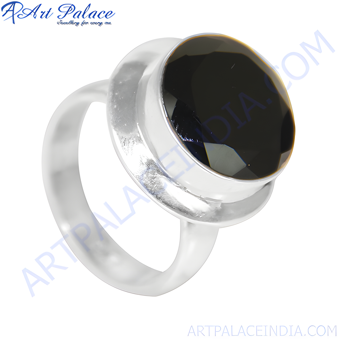 925 sterling silver ring with a large, round, black onyx gemstone.