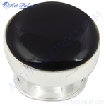 Load image into Gallery viewer, Close-up of a silver ring with a large, polished black onyx gemstone center.
